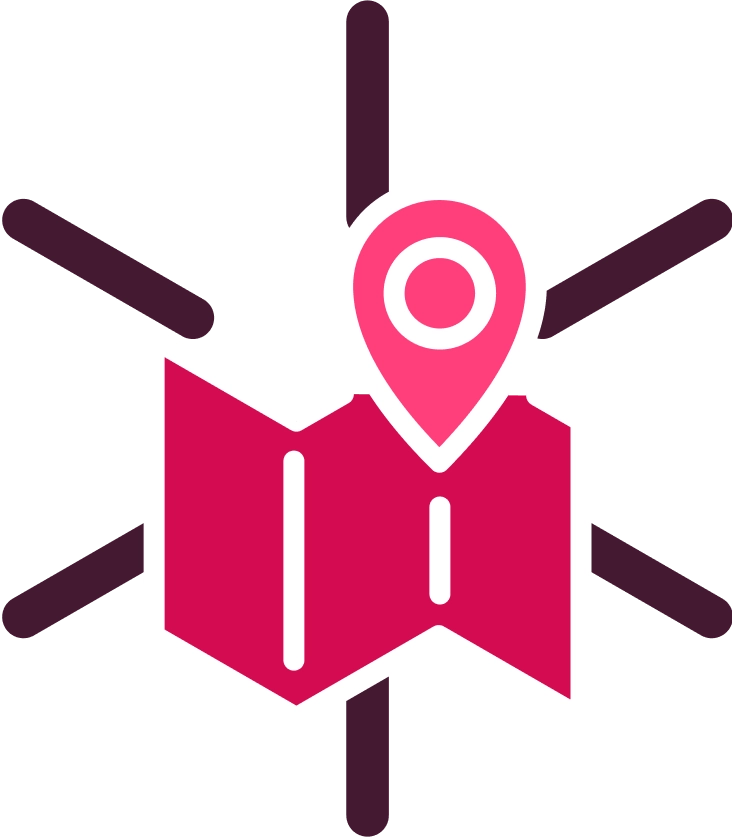 Icône stylisée représentant une carte pliée avec un repère de localisation rose, entourée de rayons symbolisant la proximité ou la connexion.